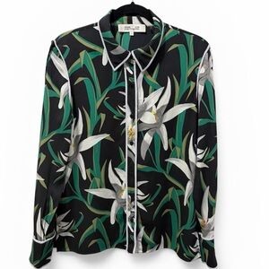 Diane von Furstenberg “Harbs” Silk Blouse – Black/Smoke Floral – Size 8